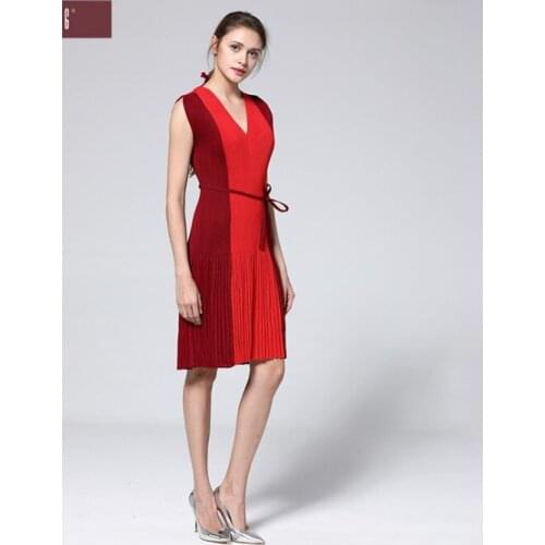 HOT SELLING Miyake Fold patchwork v-neck sleeveless elegant fashion pleated dress IN STOCK