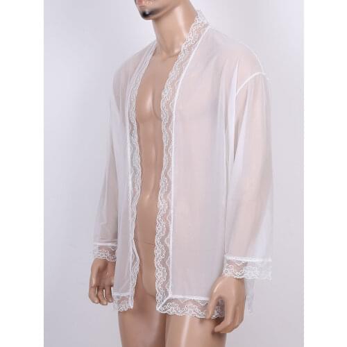 Fashion Mens See-through Lace Trim Mesh Lingerie Cardigan Long Sleeve Nightwear Sleepwear for Party Evening Underwear
