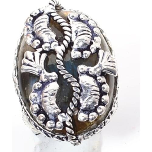 Genuine Labradorite Ring Silver Overlay over Copper, Hand made Women Jewelry Gift , Size: 6.5