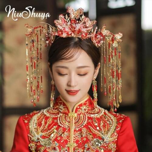 NiuShuya Retro Chinese Trendy Red Butterfly Bridal Hair Crown Headdress Colorful Beaded Tassel Wedding Party Jewelry Accessories