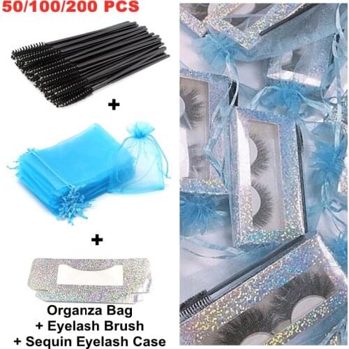 New silk organza beautiful eyelash packaging bag with fake eyelash applicator brush and Sequined box for wholesale bundles