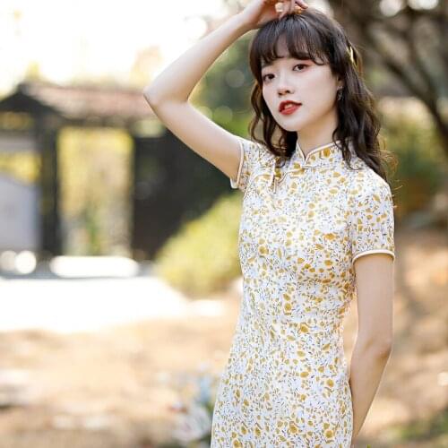 Young Lady Summer Flower Print Qipao Elegant Mandarin Collar Sexy Slim Exquisite Cheongsam Short Sleeve Classic Chinese Dress