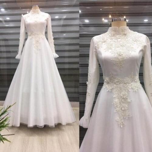 Appliques Long Sleeve Muslim Prom Dress 2021 High Neckline A Line Saudi Arabic Caftan Evening Formal Party Gowns Robes De Soirée