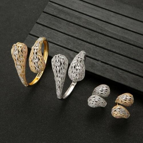 Luxury 2pcs Bangle Ring Sets For Women Wedding Cubic Zircon Crystal Engagement DUBAI Bridal Jewelry Sets Fv000405