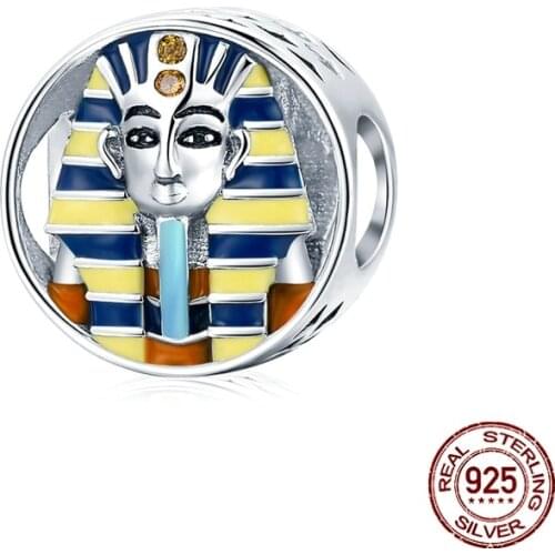 Silver Ancient Egypt Pharaoh Charm Gold Colorful Enamel 925 Sterling Silver Charm for Original Bracelet Bangle SCC1858