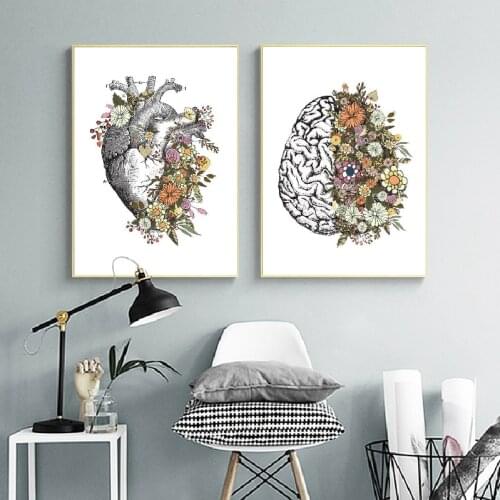 Vintage Anatomy Floral Heart Brain Wall Art Canvas Painting Retro Posters and Prints Pictures Medical Home Doctor Clinic Decor
