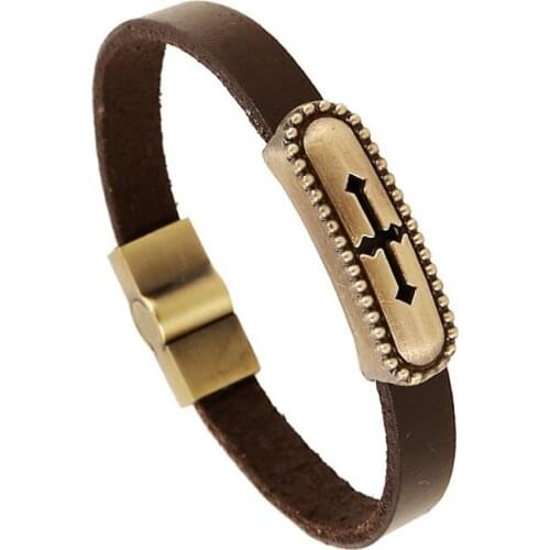 Vintage Genuine Leather Cross Bracelet Men Retro Gold Floating Cross Charm Bracelets Bangles Women Jewelry Party Gift