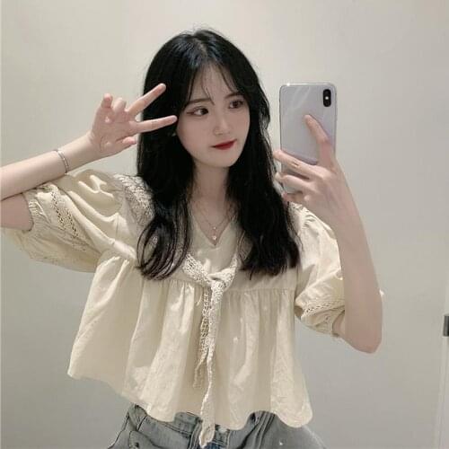 Women Blouse Summer 2021 Loose Short Cutout Shawl Puff Short Sleeve Top For Women Blusas Mujer De Moda