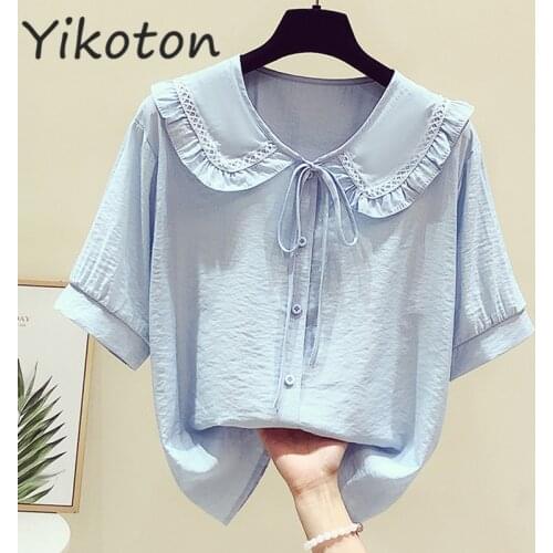 Women Doll Collar Solid Chiffon Kawaii Blouses and Shirts Summer 2021 New Korean Fashion Soft Blue Cute Tops Casual Ladies Chic