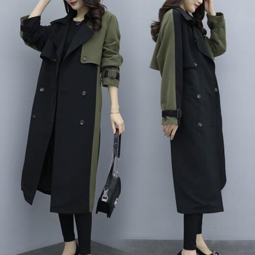 British Style European Womens Long Vintage Patchwork Trench Coat 2020 New Spring Autumn Army Green Female Windbreaker Outerwear