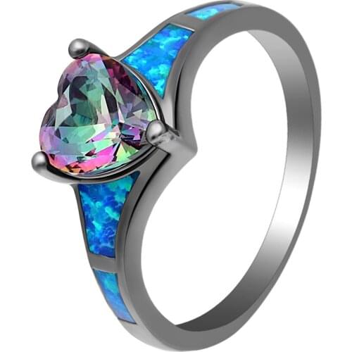 Hainon Charm Rainbow Heart Zircon Blue Fire Opal Rings For Women Vintage Fashion Engagement Black Gold Filled Birthstone Ring