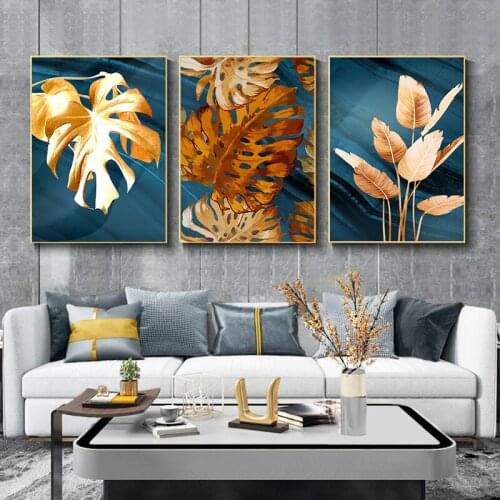 Golden Plant Leaf Abstract Poster Dark Green Background Texture Wall Art Pictures Print Canvas Painting Living Room Decor