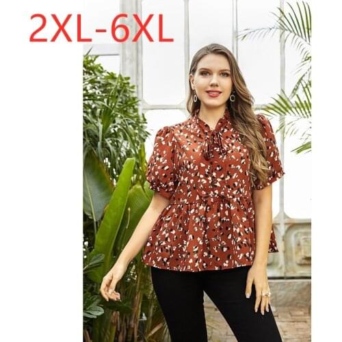 New Ladies Summer Plus Size Tops For Women Large Blouse Short Sleeve Loose Ruffle Floral Print Bow Neck Shirt 3XL 4XL 5XL 6XL