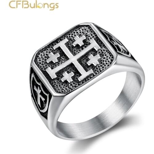 CFBulongs Mens Stainless Steel Vintage Jerusalem Cross Ring Crusader Religious Jesus Amulet Jewelry