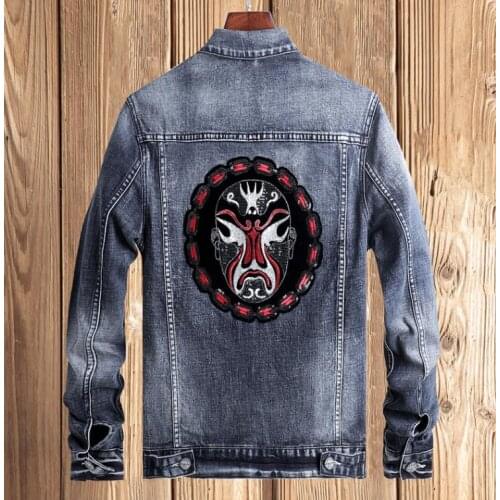 Jeans Chinese Style Mens Peking Opera Mask Patch Design Denim Jacket Blue Slim Casual Sequins Embroidery Coat