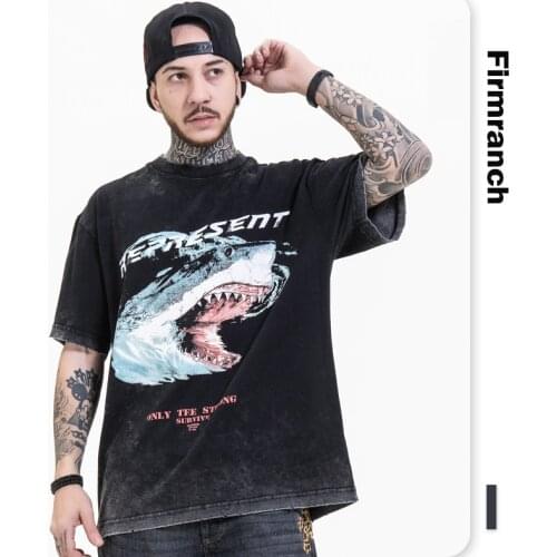 Firmranch 2021 Tee For Men/Women Shark Jaws Print Black Short Sleeve Hip Hop High Street Loose Vibe Style T-shirt Large