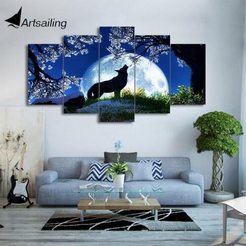 HD Printed 5 Pieces Canvas Paintings Howling Wolf Blue Moon Cherry Blossoms Night Wall Pictures For Living Room Decor CU-1897A