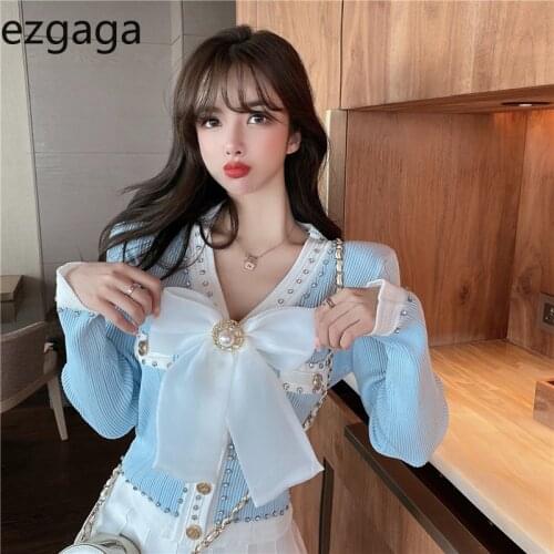 Ezgaga Temperament Women Cardigan Ribbon Bow V-Neck Long Sleeve Beaded Knitted Sweater Outwear Elegant Ladies Korean Tops