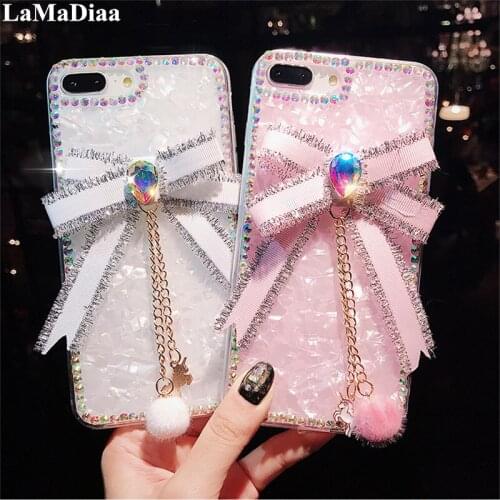 LaMaDiaa For iPhone 12 mini 11 Pro MAX 7 8 Plus X XS Max XR Cute Bow Girl Bling Rhinestone Diamond Pompom Shell Conch Phone Case