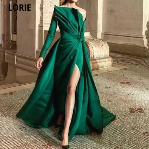 LORIE Green Satin Vintage Evening Dress Off the shoulder Long Dress Formal Dress With Long Sleeve Vestido De festa Longo