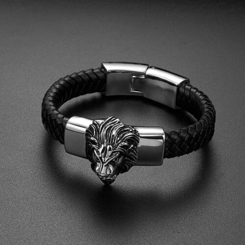 Fashion jewelry NEW men leather lion bracelet stainless steel buckle punk bracelet black braided rope charm bracelets