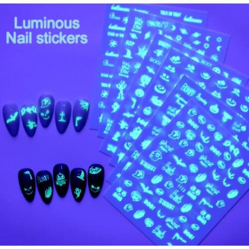 6Designs Luminous Nail Stickers Set Mixed 3D Halloween Anime Skull Bone Nail Art Water Transfer Decals Slider DIY Manicure Decor