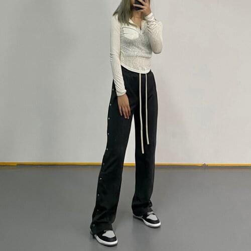DIRTYLILY New Double Side Button Jogger Sweatpants Elastic Loose Casual Hip Hop Trousers Women Solid Wide Leg Pants Streetwear