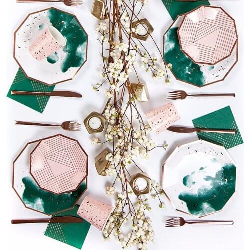 Gold Foil Party Green Disposable Tableware Christmas Wedding Kids Birthday Party Paper Plates Cups Napkins Straw Decor Supplies