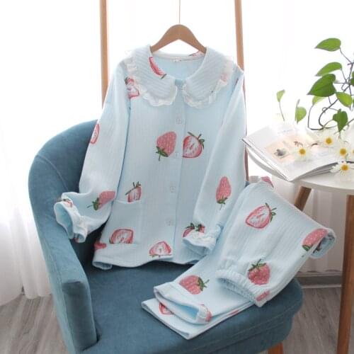 Autumn and winter new ladies air layer pure cotton thickened cotton cartoon pajamas suit female doll collar home service suit