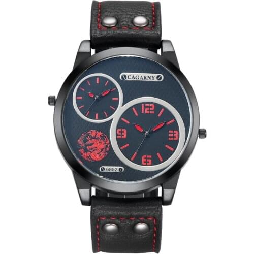 Luxury Cagarny Watches Men Quartz Leather Watchband Bracelet Quartz Mens Watches Dual Times Military Relogio Masculino 6852 New