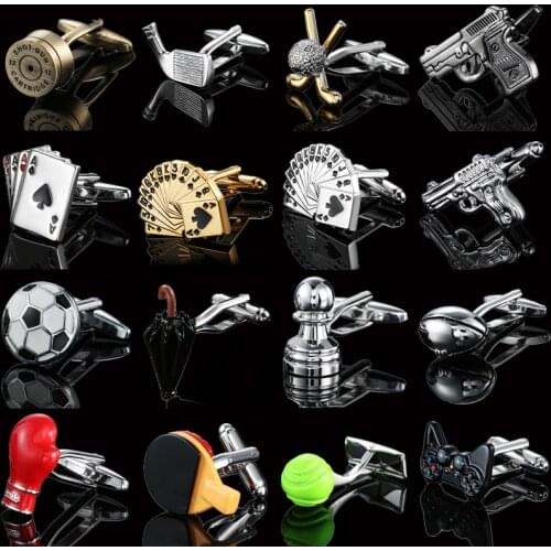 Luxury sports Shirt Cufflinks for mens Design bullet racket poker pistol football cuff link button High Quality Wedding Jewelry