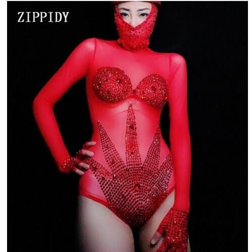 Sexy Costume Celebrate Sparkly Red Rhinestone Mesh Bodysuit Performance Dance Outfit Women Bar Dance Stage Party