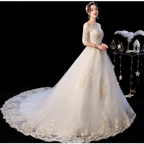 Wedding Dress With Train 2021 New Feerijt Half Sleeve Elegant Boat Neck Lace Up Ball Gown Off The Shoulder Plus Vestido De Noiva