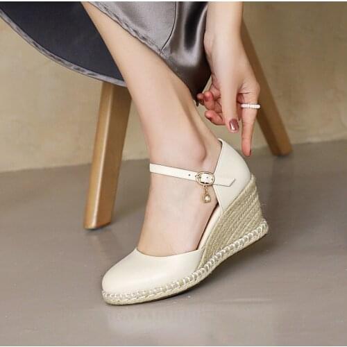 Wedge Heel Metal Chain With Rhinestone One-Word Buckle Pumps Belt Buckle 2021 New Woven Sole Platform Heel Womens Shoes