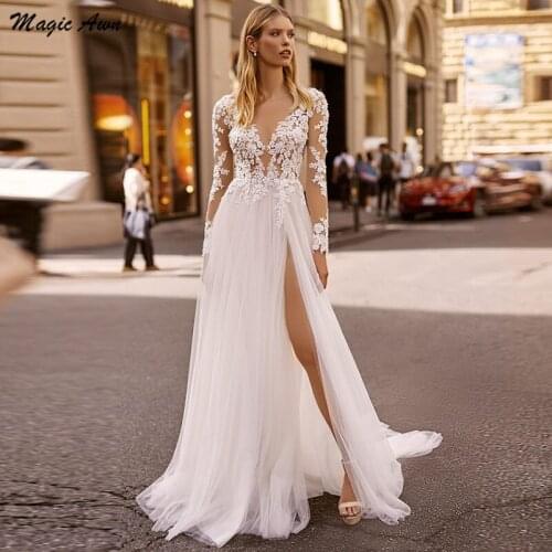 Magic Awn Elegant Wedding Dresses Long Sleeves Lace Appliques Princess Illusion Boho Wedding Party Dress Side Split Robe Mariage