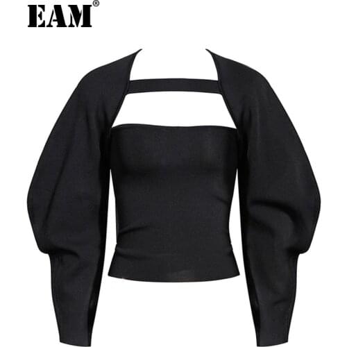 [EAM] Women Black Hollow Out Temperament T-shirt New Round Neck Long Lantern Sleeve Fashion Tide Spring Autumn 2021 1DC059