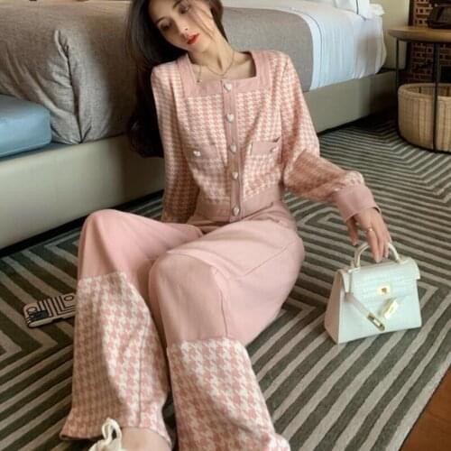 Fall Winter 2 Piece Sets Women Pink Houndstooth Square Collar Knitted Sweater Cardigan Top + Wide Leg Pants Casual Outfits
