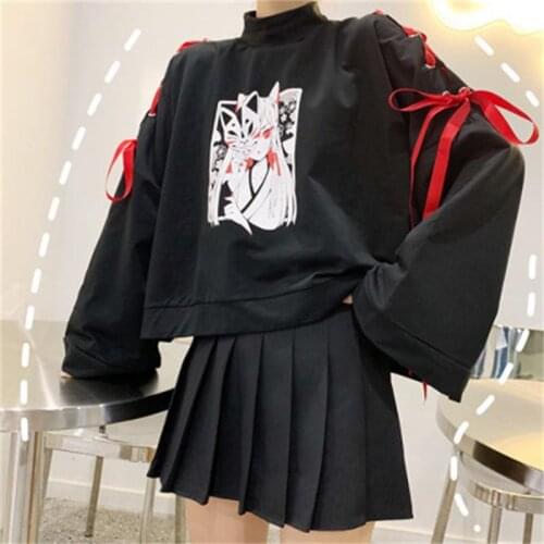 Womens Anime Costume Fox Print Cross Ribbon Womens Lolita Girl T-shirt Harajuku Spring Black Top Hoodie Skirt Socks