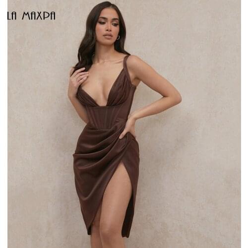 2021 New Summer Womens Sexy Deep V-neck Draped Split Bodycon Suspender Dress Celebrity Party Fashion Club Dress Vestido