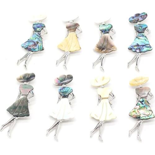 1pcs Natural Shell Pendant Girl Shape White Black Yellow Abalone Shell Brooch Pins for Women Wedding Party Gifts Size 30x38mm