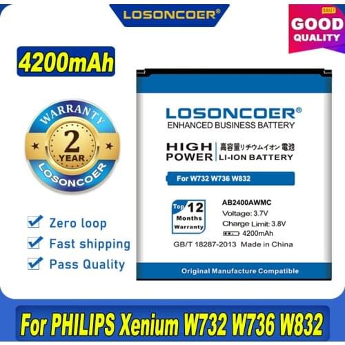 100% Original LOSONCOER 4100mAh AB2400AWMC Battery For Philips W736 W832 W732 D833 W737 W6500 W9588