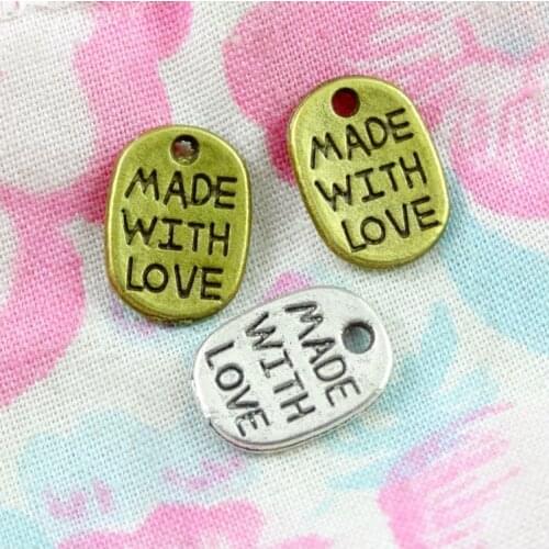 200pcs charms made with love word plate Alloy Pendants Antique silver Plated bronze 11*8mm Handmade Jewelry DIY accessories