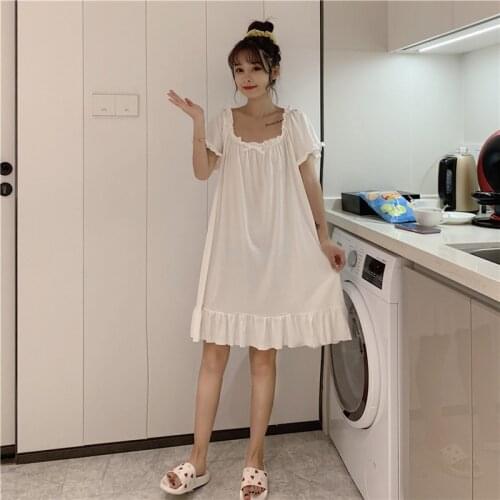 2021 Summer New Womens Nightdress Sweet Nightgown Pure Cotton Bow Ruffle Home Clothes Sleeping Wear Female Sleepwear Nightwear