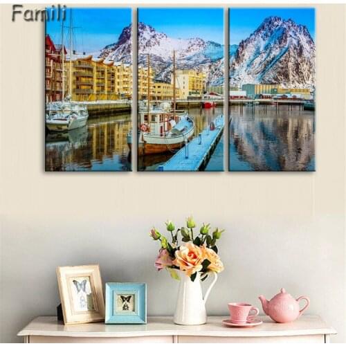 3pcs Norway mountains sea seaside town lofoten islands beautiful Living room home art decor wood frame fabric poster