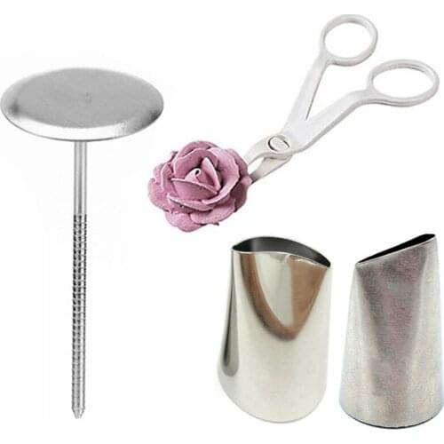 Lot 4PCS Stainless Steel Rose Piping Nozzle Tips Grass Cake Flower Needle Nail Scissor Cupcake Icing Cream Fondant Decorating
