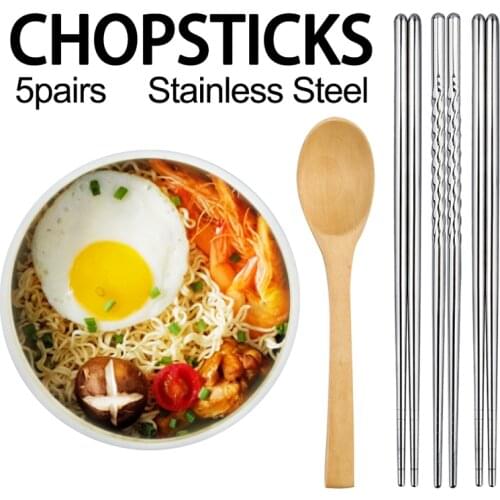 5 Pairs Stainless Steel Square Chopsticks Chinese Stylish Healthy Light Weight Chinese Chopsticks Metal Non-slip Design Kitchen