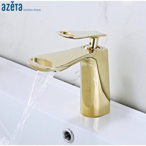 Azeta Modern Golden Faucet Waterfall Bathroom Brass Basin Faucet Hot And Cold Single Handle Wash Basin Mixer Water Tap AT6706G