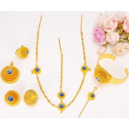 Bangrui NEW Ethiopian Complete set Forehead Hair Piece/Hair Pin/Clips Earring Etc. Blue Stone Jewelry Ethiopia Eritre