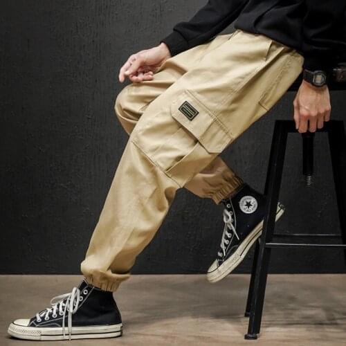 New MenS Side Pocket Cargo Harem Pants Fashion Casual Street Pants Bag Ribbon Black Hip-Hop Casual MenS Jogging Pants