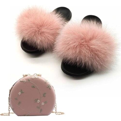 Ladies Leisure Fluffy Fox Fur Slides Dinner Party Embroidered Purse Outside Summer Real Fur Slippers Silk Flower Round Chain Bag